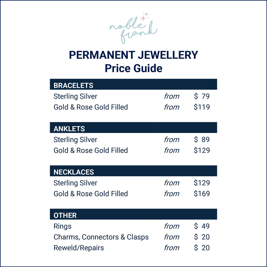 Noble Frank permanent jewellery price guide with various jewelry types and pricing.